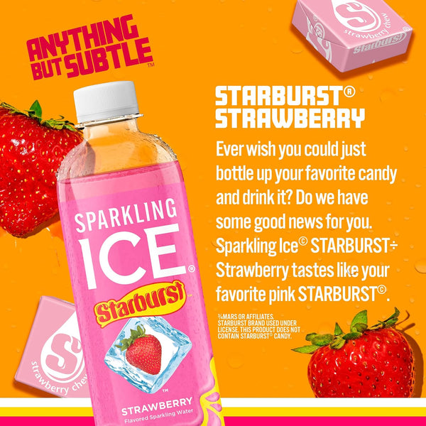 Sparkling Ice STARBURST Strawberry, Zero Sugar Flavored Sparkling Water, with Vitamins and Antioxidants, Low Calorie Beverage, 17 fl oz Bottles