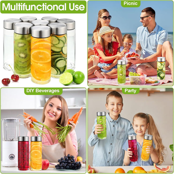 8 Pcs 16 oz Wide Mouth Glass Water Bottles Reusable Glass Juice Bottles with Lids Leakproof Juicing Jars with Silver Lids for Fridge Milk Juicing