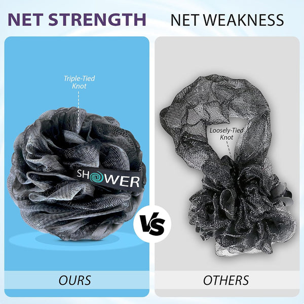 SHOWER BOUQUET Loofah-Charcoal Bath-Sponge-4-Pack Extra-Large 75g Soft Mesh | Black Luffa Loufa Loofa Puff Set / Exfoliating Body Scrubber Lufas