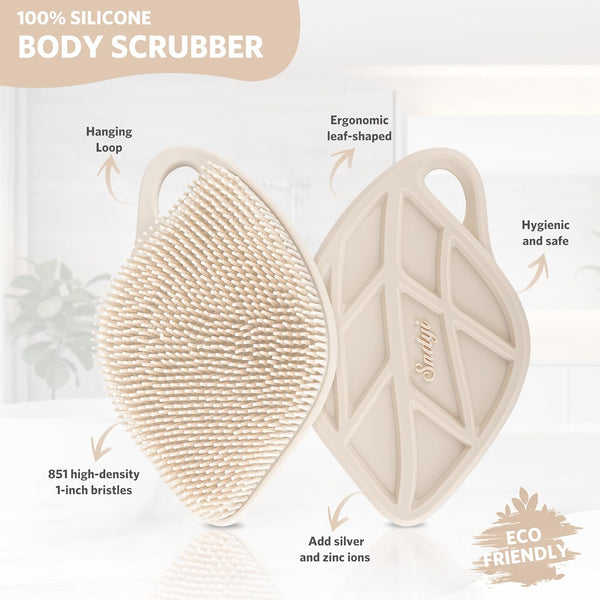 Sndyi Silicone Body Scrubber, Gentle Exfoliating Body Scrubber for Sensitive Skin, Leaf Shaped Shower Scrubber for Body with Lathering Bristles,