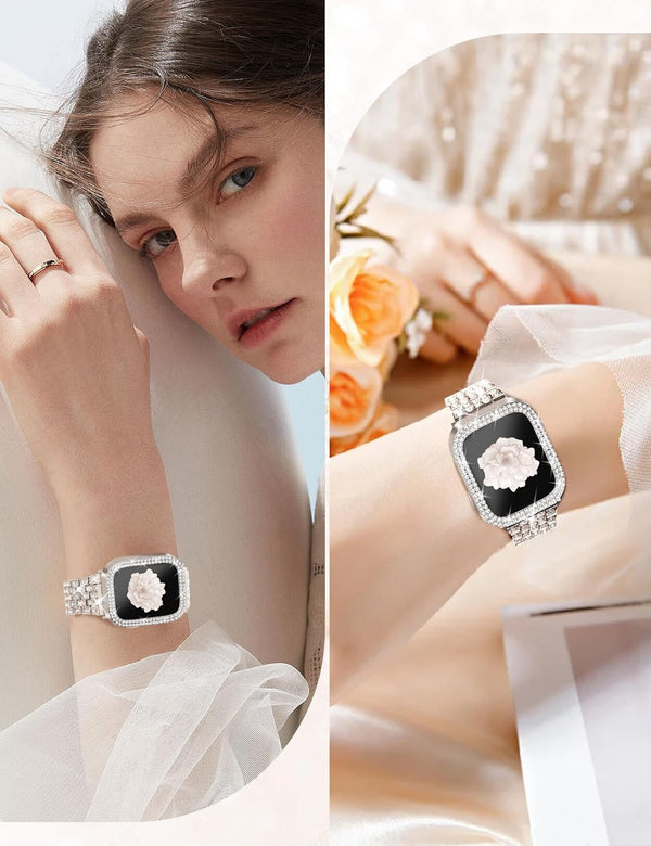 JR.DM Diamond Bands with Bling Case Women Compatible with Apple Watch 40Mm 38Mm 41Mm 44Mm 45Mm 42Mm 46Mm 49Mm Luxury Metal Bracelet Replacement