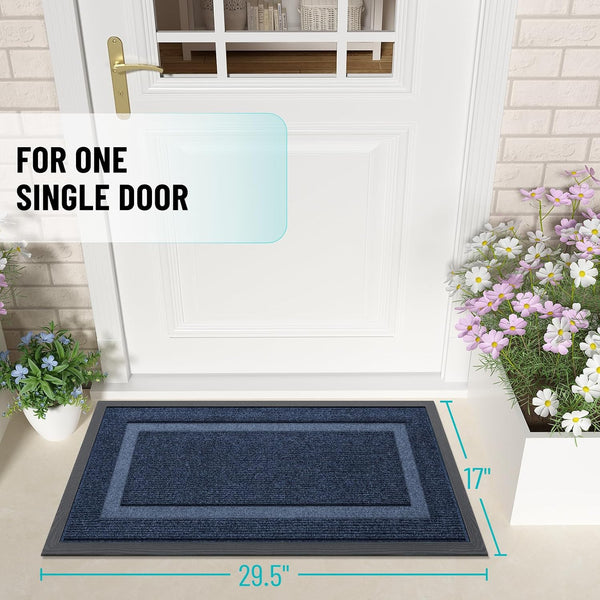 OLANLY Front Door Mat Outside 29.5x17, All-Season Heavy-Duty Rubber Doormat Blue Classic Border Rectangular 29.5" x 17"