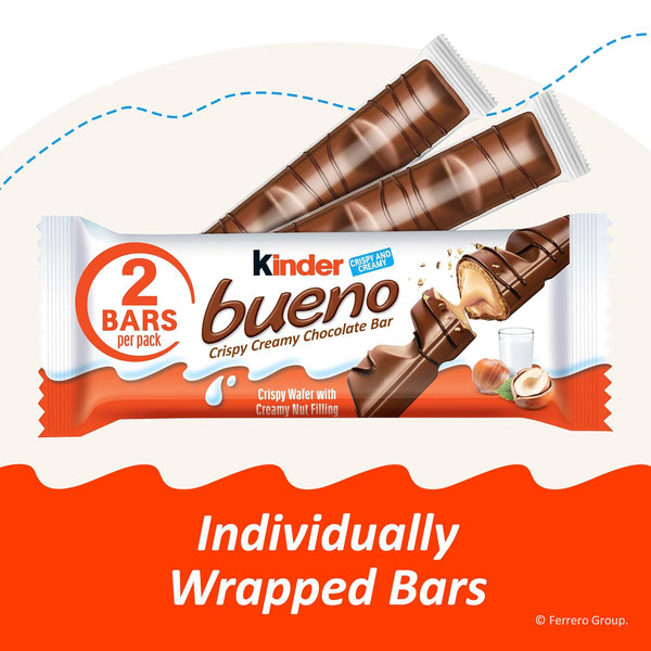 Kinder Bueno Milk Chocolate Bars with Hazelnut Filling, 30 Packs of 2, Bulk Chocolate Candy Bars for Game Day, Football Party Supplies, Snacks for