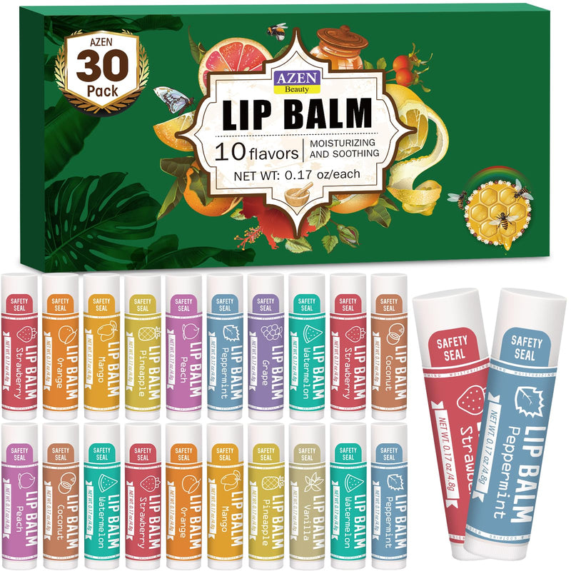 AZEN 30 Pack Lip Balm, Natural Lip Balm Bulk, Lip Care Product, Moisturizing Lip Balms for Dry Cracked Lips - 10 Flavors
