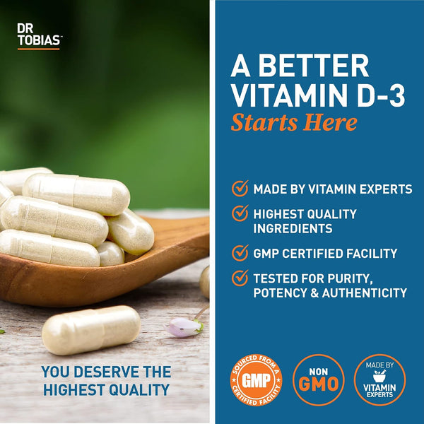 Dr. Tobias Vitamin D3 5000 IU, Essential for Healthy Bones, Teeth, and Immune System, Extra Strength Vitamin D Supplement, Non-GMO, 90 Capsules,