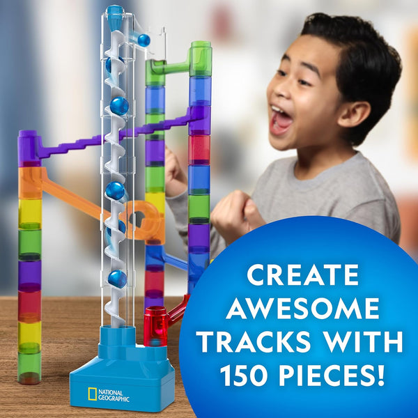 National Geographic Motorized Marble Run 150-Piece Building Set for Kids | Motorized Elevator, 30 Marbles, Storage Bag, Perpetual Motion Machine,