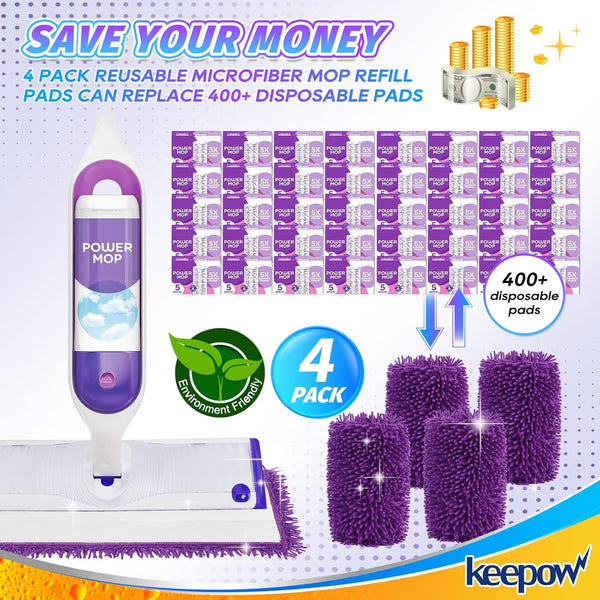 KEEPOW Reusable Microfiber Mop Pads Compatible with Swiffer Powermop 4 Pack, Power Mop Pads Refills for 13 ''-15 '' Spray Mop, Machine Washable