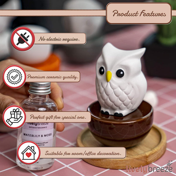 Blinky Owl, Non-Electric Ceramic Diffusers for Essential Oils and Aromatherapy Fragrance, White Ceramic Diffusers in Car or Desk Office Decor and