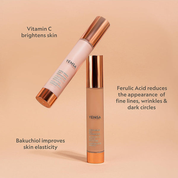 YENSA Serum Foundation Makeup - Super Silk Full Coverage Foundation Enriched with Peptides, Vitamin C & Ferulic Acid to Help Reduce Fine Lines,