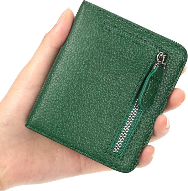 FUNTOR Small Wallets for Women, Ladies Small Compact Bifold Pocket RFID Blocking Genuine Leather Wallet for Women A:F Natural leather-Dark Green