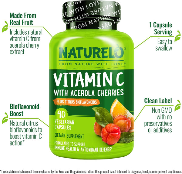 NATURELO Vitamin C with Organic Acerola Cherry Extract and Citrus Bioflavonoids - Vegan Supplement - Immune Support - 500 Mg VIT C per Cap -