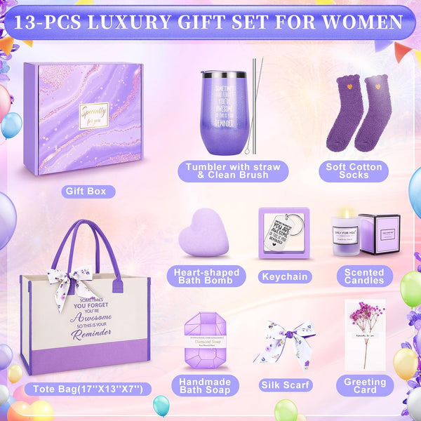 13PCS Birthday Gifts for Women,Mom, Wife, Girlfriend, Sister, Her- Self Care Package Get Well Soon Gifts Basket for Women Lavender Relaxing Spa