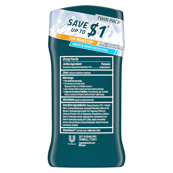 Degree Men Advanced Antiperspirant Deodorant Everest 2 Count 72-Hour Sweat and Odor Protection Antiperspirant For Men With Body Heat Activated