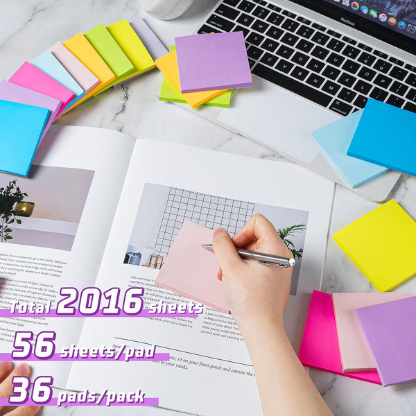3x3 Sticky Notes 36 Pads, 9 Bright Colors Self-Adhesive Memo Pads, Strong Adhesive, Perfect for Office Desk, Home Reminders, School, Notebooks
