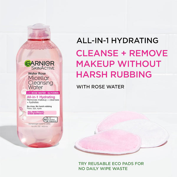 Garnier Micellar Water with Rose Water and Glycerin, Hydrating Facial Cleanser & Makeup Remover, For All Skin Types, Vegan, Cruelty Free, 13.5 Fl