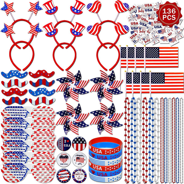 DysanVica 136PCS 4th of July Accessories - Patriotic Party Favors Fourth of July Decoration Supplies Headband Shutter Glasses Tattoo Sticker