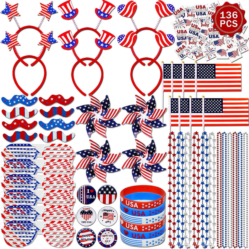 DysanVica 136PCS 4th of July Accessories - Patriotic Party Favors Fourth of July Decoration Supplies Headband Shutter Glasses Tattoo Sticker