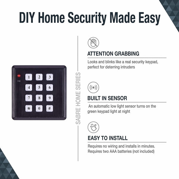 SABRE Fake Security Keypad with Green Light Up, Low Light Sensor, Red LED Flash, Weatherproof, Realistic Design - Black