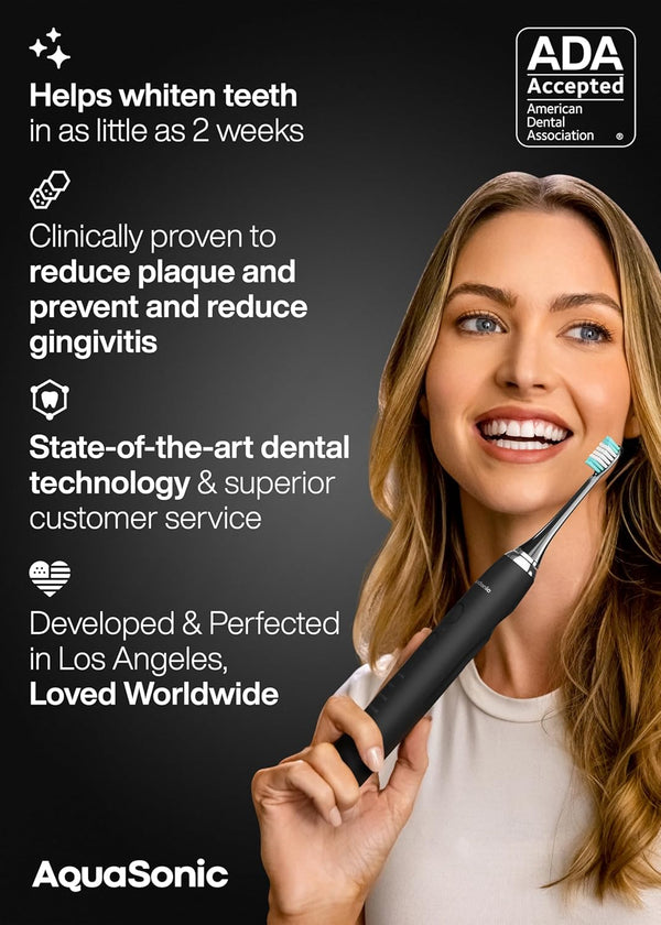 Aquasonic Black Series Ultra Whitening Toothbrush â ADA Accepted Electric Toothbrush- 8 Brush Heads & Travel Case â 40,000 VPM Electric Motor &