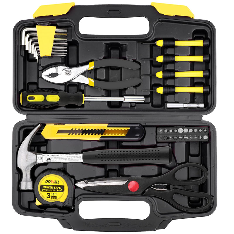 DOWELL 40 Piece Home Tool Set Yellow, General Household Hand Tool Kit with Plastic Toolbox Storage Case, Mini Repair Tool kit for Women, College