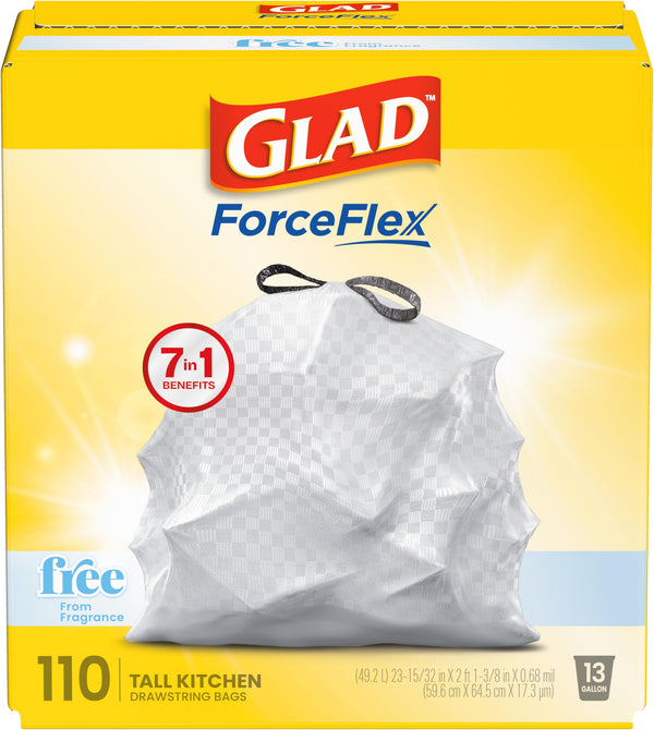 Glad ForceFlex Tall Kitchen Trash Bags, 13 Gallon, Fragrance Free, 110 Count (Package May Vary) 110 Count (Pack of 1)