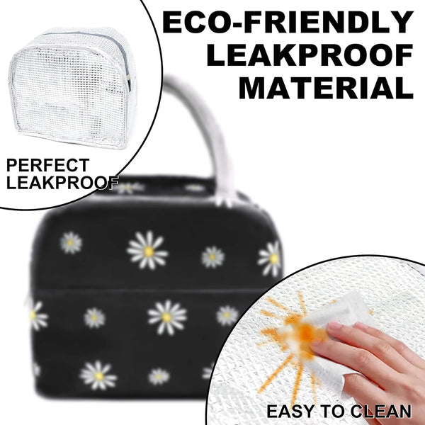 Sonuimy Insulated Lunch Bag Women, Reusable Cute Tote Lunch Box Black/White Black with White Daisy
