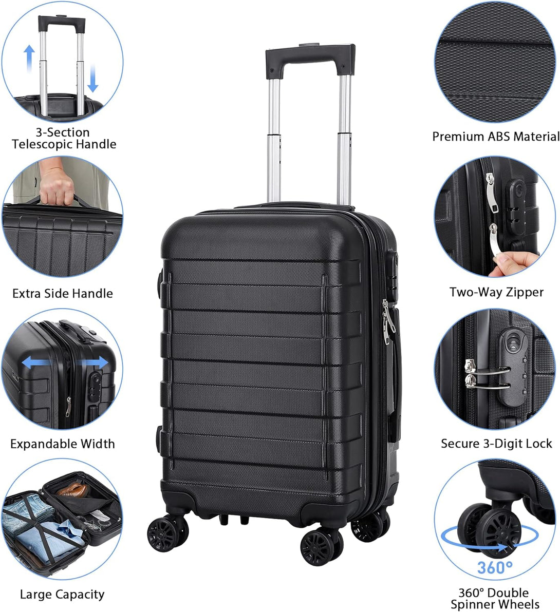 SUPER DEAL 21 Inch Hardside Expandable Carry on Luggage with Spinner Wheels, Lightweight Suitcase Durable Rolling Luggage for Business Trips and Travel, Height Adjustable Handle and Side Feet, Black