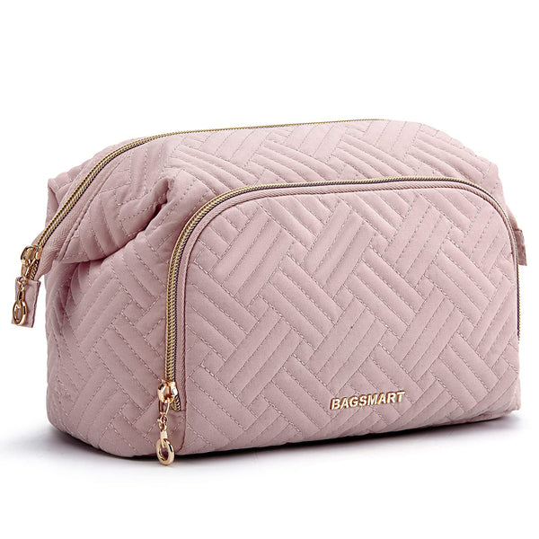 BAGSMART Travel Makeup Bag, Cosmetic Bag Small Make Up Organizer Case,Wide-open Pouch for Women Purse for Toiletries Accessories Brushes Pink A-1