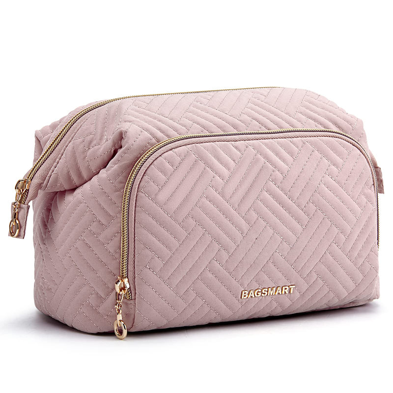 BAGSMART Travel Makeup Bag, Cosmetic Bag Small Make Up Organizer Case,Wide-open Pouch for Women Purse for Toiletries Accessories Brushes Pink A-1