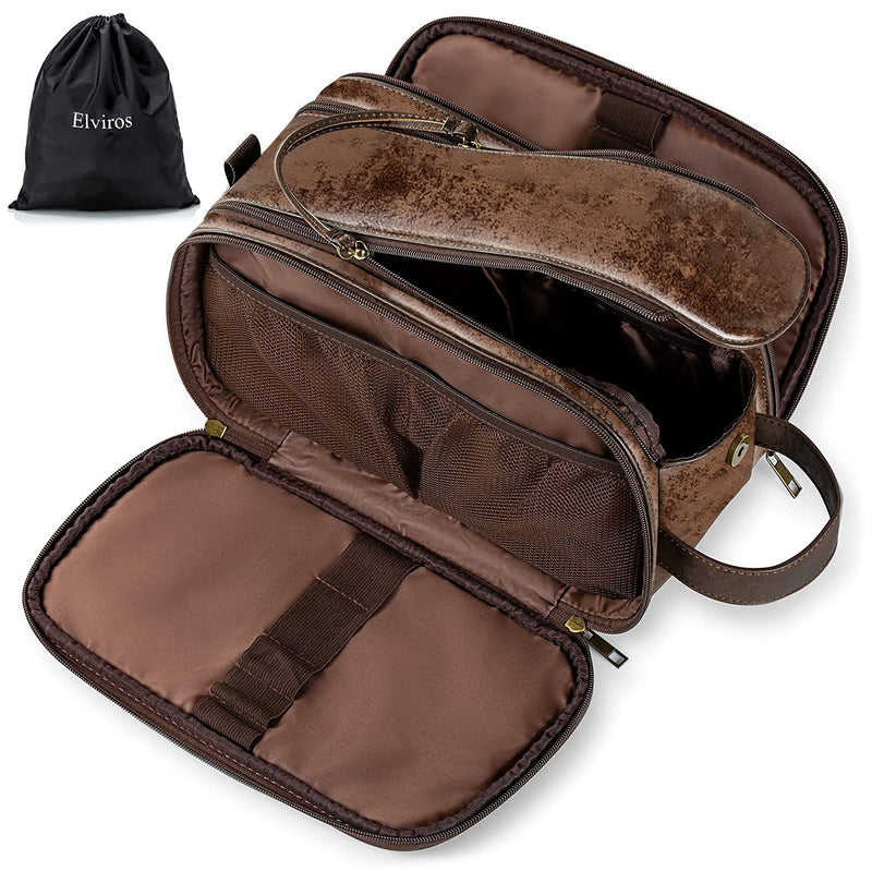 Elviros Toiletry Bag for Men PU Leather Shaving Dopp Kit (Large, Chocolate) | Water-Resistant Travel Organizer for Bathroom Toiletries, Grooming