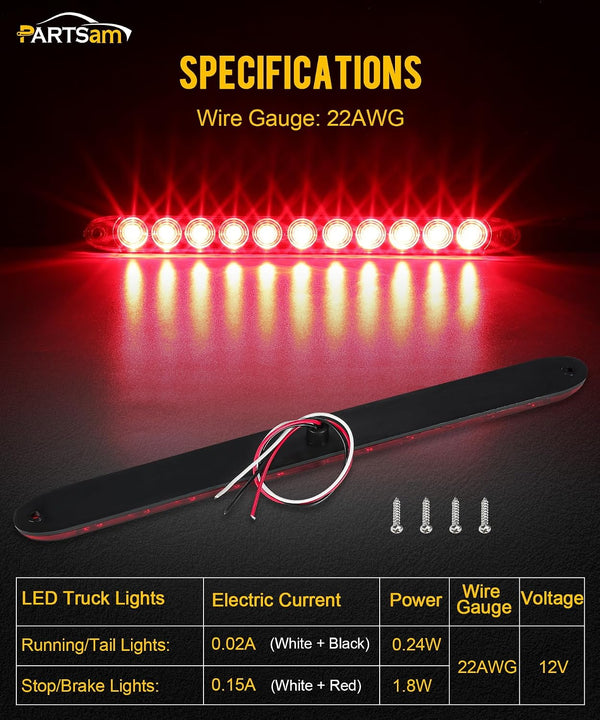 Partsam 1PC Red 15" 11 LED Light Bar Stop Turn Tail 3rd Brake Light Truck Trailer Identification ID Bar Waterproof DOT Compliant