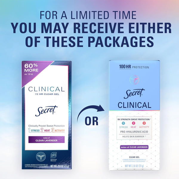 Secret Clinical Strength Antiperspirant Deodorant for Women, 3X Stress Protection, 72Hr Sweat & Odor Protection, PH Balancing Minerals, Clear Gel,