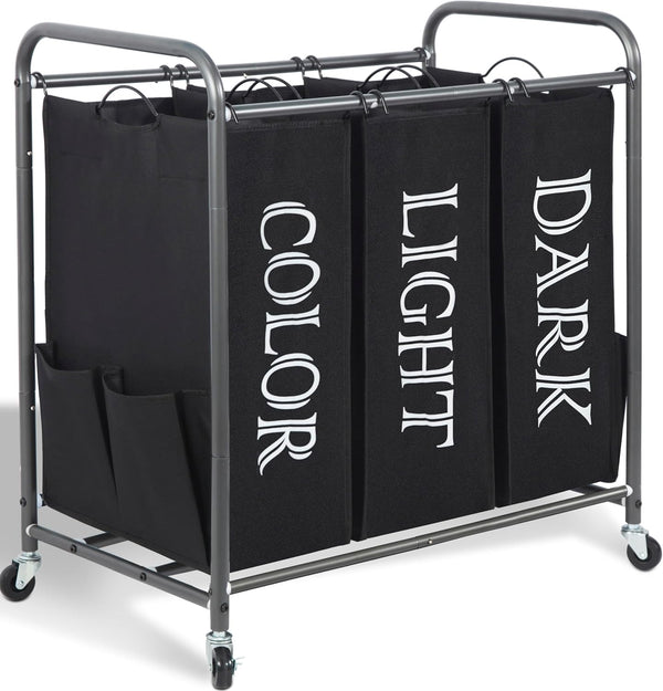 STORAGE MANIAC 3 Section Laundry Sorter, 3 Bag Laundry Hamper Cart with Heavy Duty Rolling Lockable Wheels and Removable Bags, Laundry Organizer