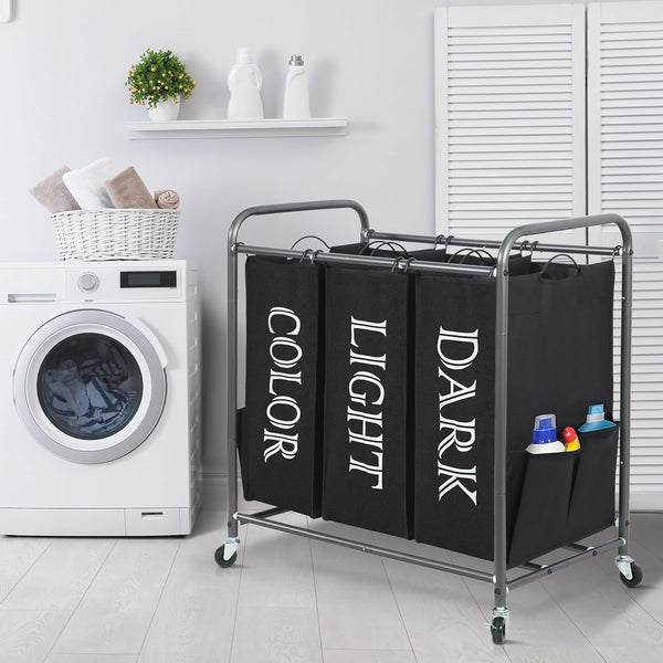 STORAGE MANIAC 3 Section Laundry Sorter, 3 Bag Laundry Hamper Cart with Heavy Duty Rolling Lockable Wheels and Removable Bags, Laundry Organizer