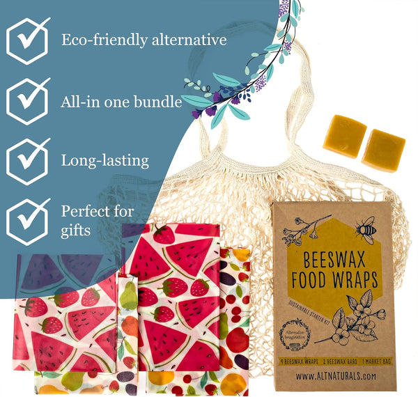 7 Pc Beeswax Wraps for Food Snacks, Sandwich, Bread - Reusable Eco Friendly Kitchen Storage and Zero Waste - 4 Wraps, 2 Beeswax Bars and Cotton