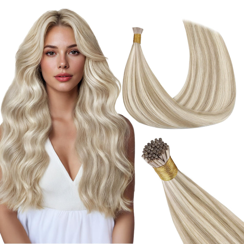 GOO GOO I Tip Hair Extensions Real Human Hair, 14inch 50g 100S, Cold Fusion I Tip Hair Extensions,18A/613A Dark Blonde Highlighted Bleach Blonde