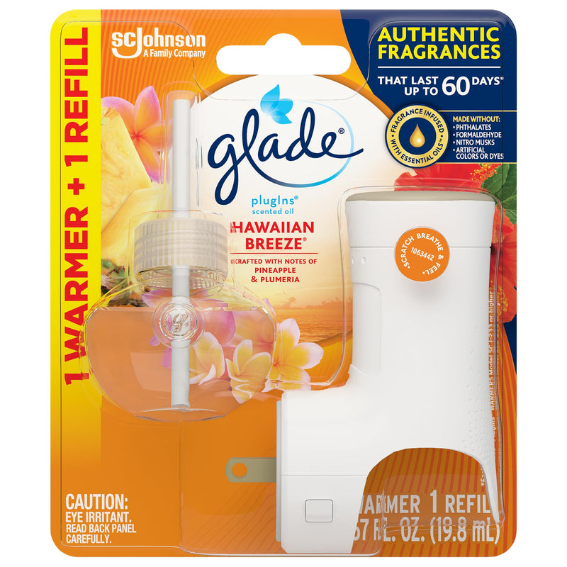 Glade PlugIns Refills Air Freshener Starter Kit, Hawaiian Breeze, Scented and Essential Oils for Home and Bathroom, 0.67 Fl Oz, 1 Warmer + 1