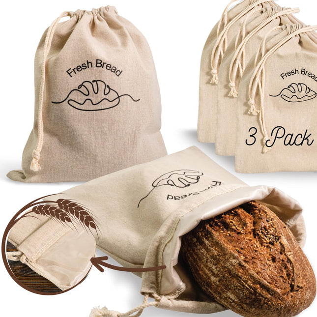 Simply H&K Linen Bread Bags [Pack of 3] with Inner Lining - Keeps Homemade Bread