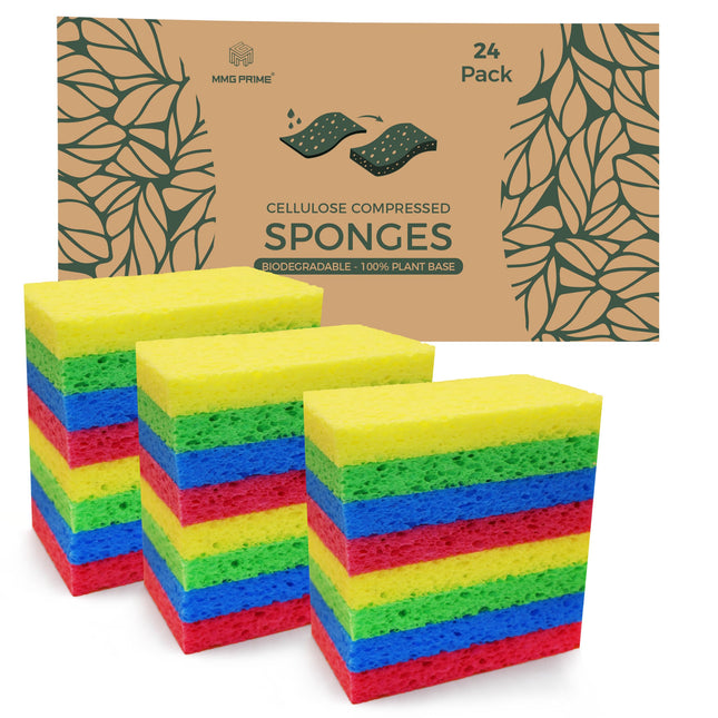 Cellulose Sponges - 24-Pack Multicolored Compressed Natural Sponges for Kitchen 