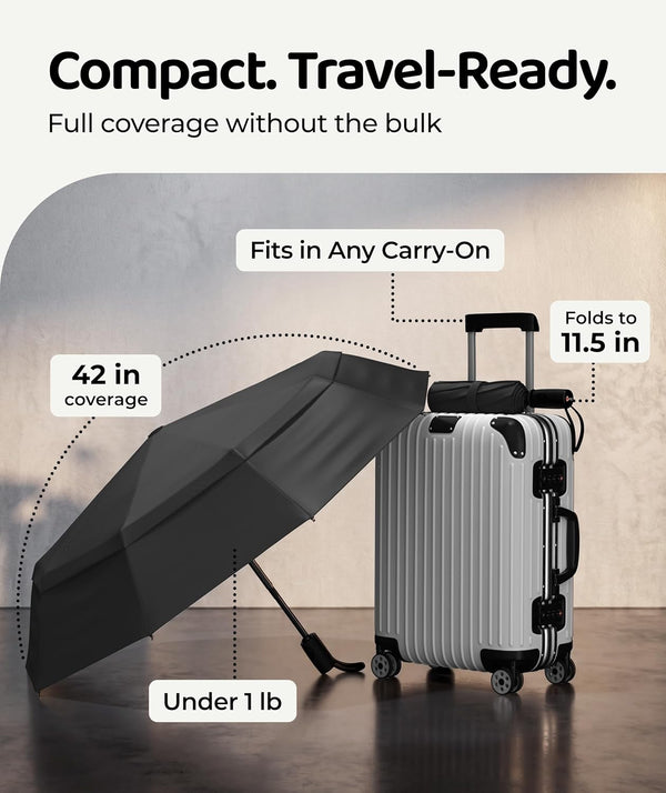 Windproof Travel Umbrella - Compact & Withstands Winds up to 100MPH, Strongest Premium Auto Folding Umbrella for Rain and Sun - Durable, Light &