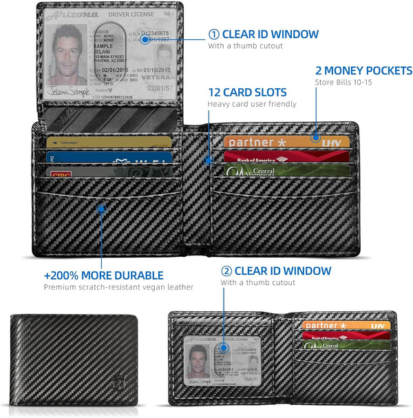 Zitahli Men'S Slim RFID Blocking Leather Wallet,12 Card Slots Bifold Wallet,Ultra-Thin 0.39" Front Pocket Design 2 ID Window with Gift Box