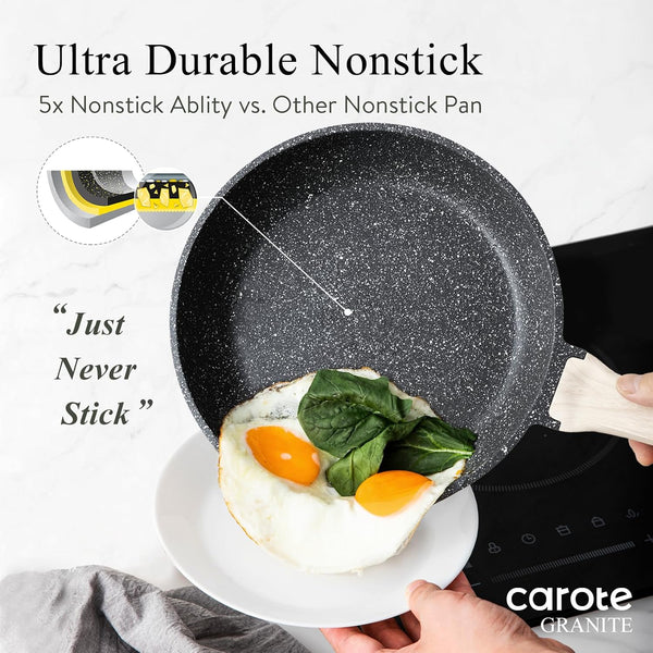 CAROTE Non Stick Frying Pan Skillet, Nonstick Granite Fry Pan with Glass Lid, Egg Pan Omelet Pans, Stone Cookware Chef's Pan, PFOA Free (Classic