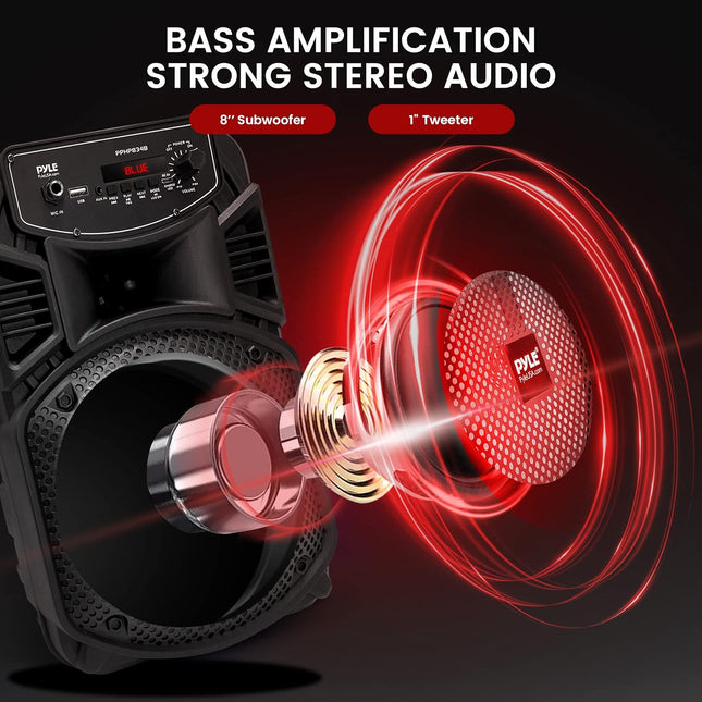 Pyle Portable Bluetooth PA Speaker System-300W Rechargeable Indoor/Outdoor Bluetooth Speaker Portable System W/ 8â Sub
