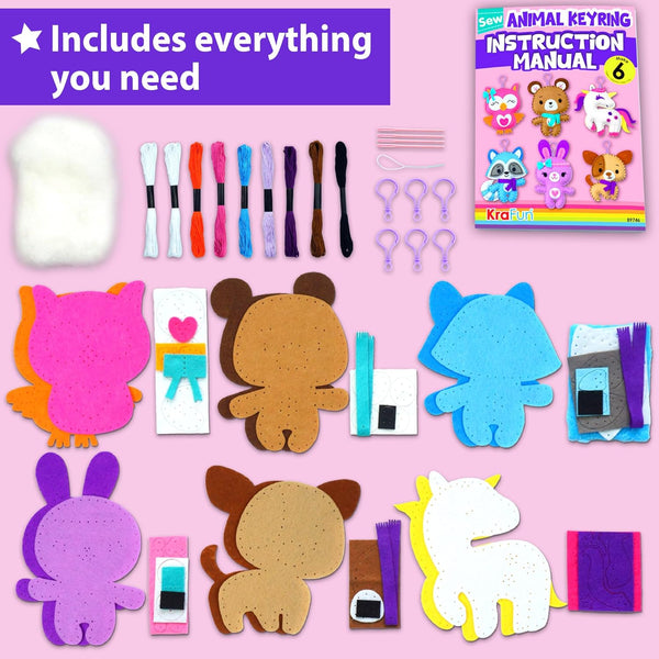 KRAFUN Unicorn Sewing Keyring Kit for Kids Age 7 8 9 10 11 12 Learn Art & Craft, Includes 6 Stuffed Animal Bear, Dog, Rabbit, Raccoon, Owl Dolls,