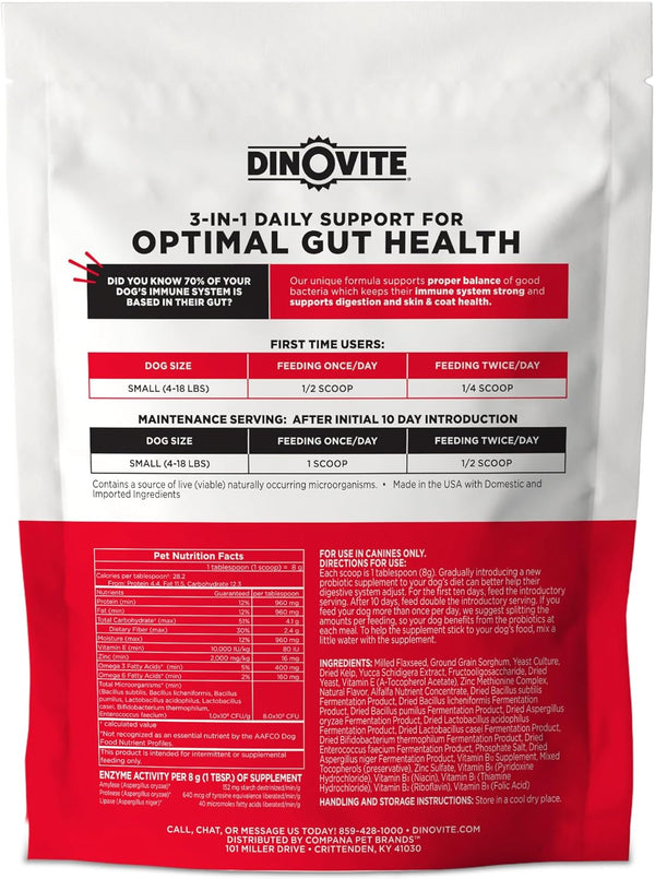 Dinovite Probiotics for Small Dogs, Probiotic Food Topper, 30 Servings | Probiotic Powder Food Topper, Omega-3 Fatty Acids, Digestive Health