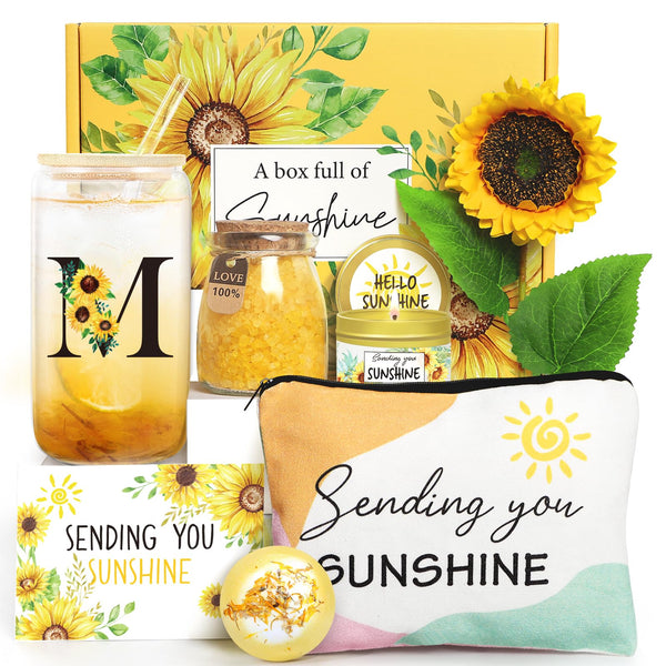 Sunflower Initial Gifts, Get Well Soon Gifts, Self Care Spa Birthday Gifts for Women Monogrammed Gifts, Sunshine Gift Baskets, Personalized Gifts, M
