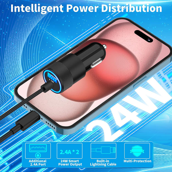 【MFi Certified】iPhone Fast Car Charger, Caiinei 4.8A Dual USB Power Cigarette Lighter iPhone Car Charger Fast Charging Built-in 6FT Lightning
