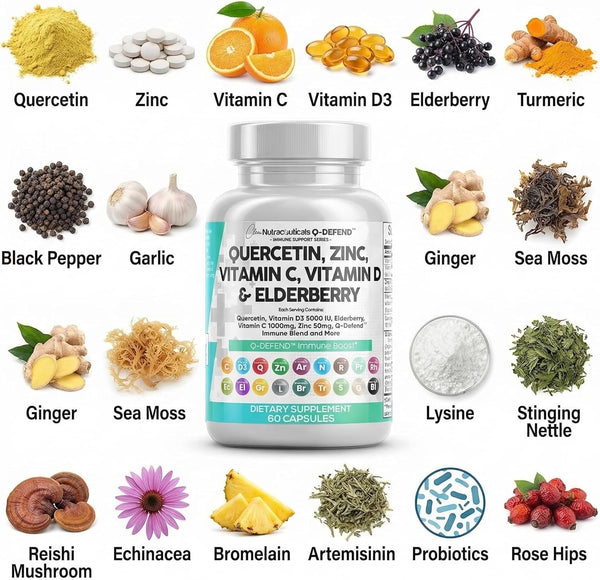 Clean Nutraceuticals Quercetin Zinc Vitamin C Vitamin D Bromelain Elderberry - Lung Immune Support Supplement Adults with Artemisinin, Sea Moss,