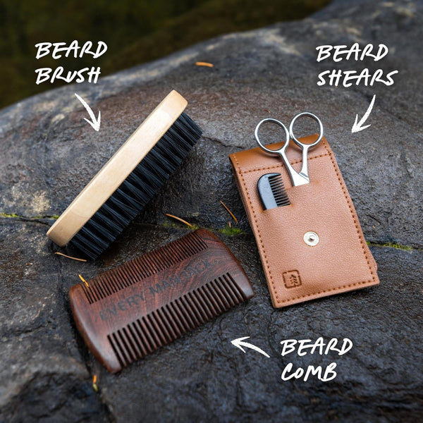 Every Man Jack Beard Grooming Kit for Men - Includes Sandalwood Beard Oil & Beard Balm, Beard Brush, Wooden Dual-Sided Comb, Trimming Scissors and
