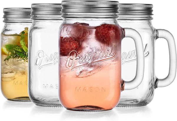 Glaver's Mason Jar 16 Oz. Glass Mugs with Handle and Lid Set Of 4 - Home Essentials & Beyond - Old Fashioned Drinking Glass Bottles Original Mason